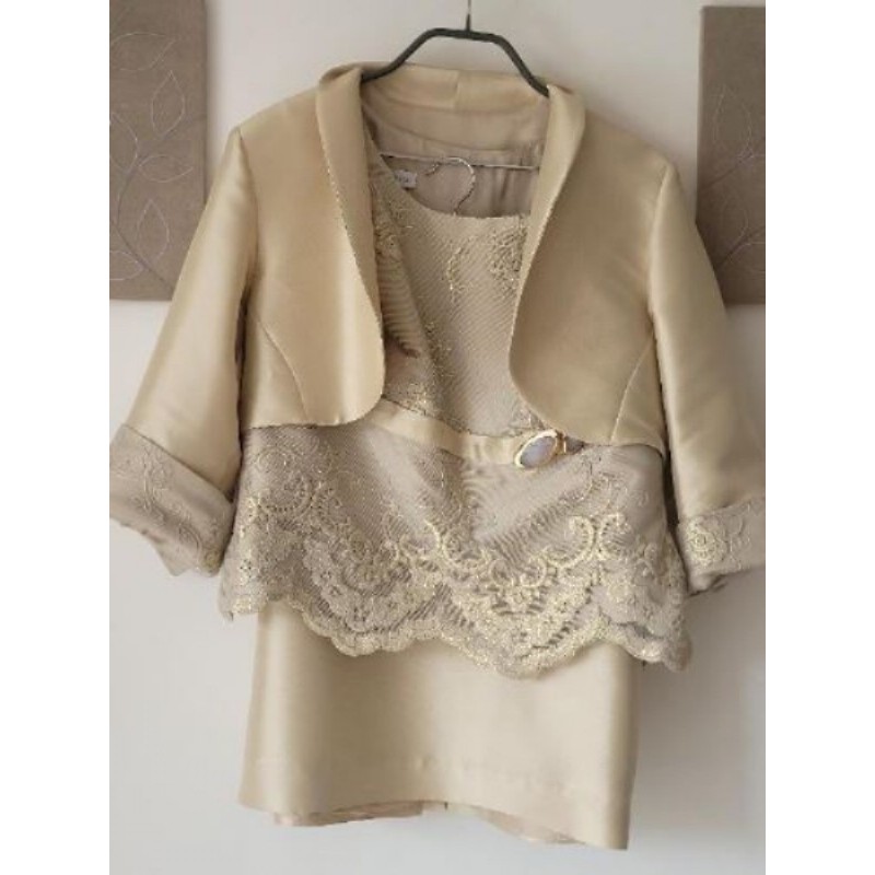 Ensemble 3 pièces, jupe+bustier,veste beige doré avec tulle brodée, Linea Raffaelli taille 48
