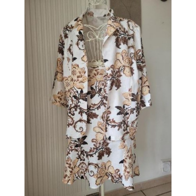 Ensemble jupe + veste écru à fleurs marron 100% lin, C&A,taille 48