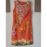 Robe sans manches orange brodée et imprimé fleurs jaune,verte et fushia. Marque Derhy. Taille S