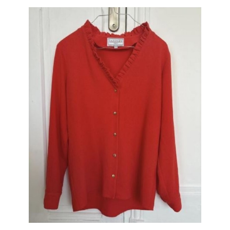 SANDERY - Blouse manches longues corail, fluide et légère. Joli col V. Boutons dorés - Taille M