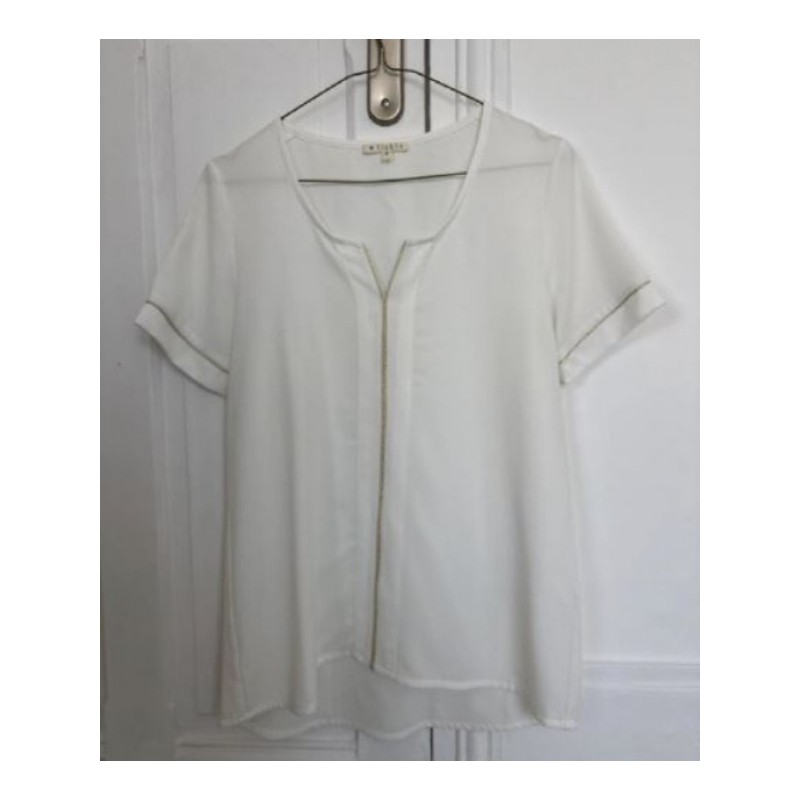 CLO&SE - Blouse blanche manches courtes avec liseret doré  - Taille S - En très bon état