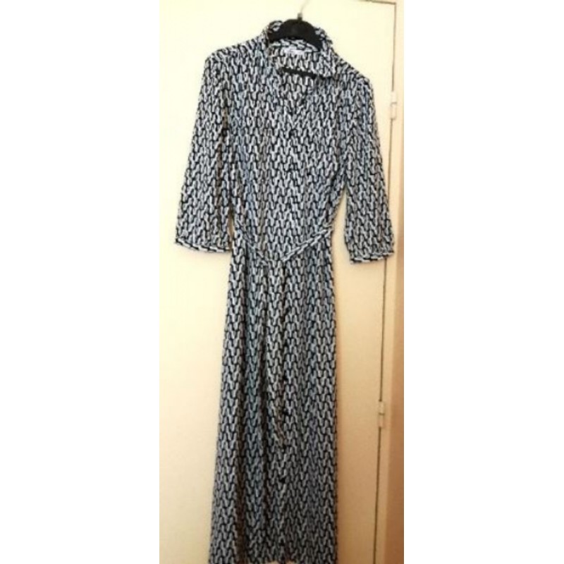 Robe Maxi T40, Voile imprimé Noir Blanc graffique,Manches 3/4, ceinture, NEUF