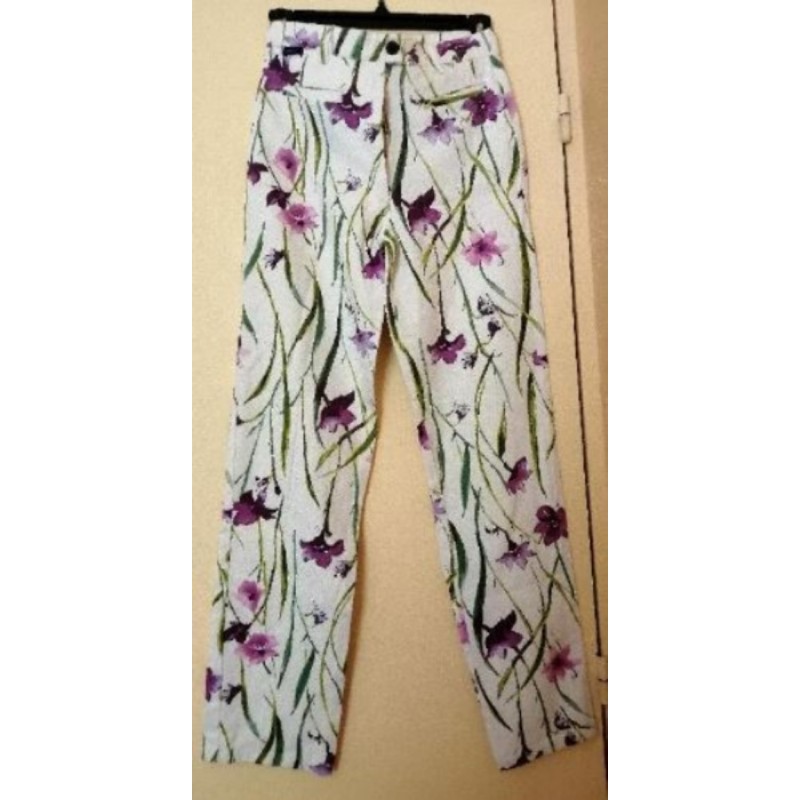 Pantalon Sandra B,T38, Fond Blanc Fleuri, Elastis, NEUF