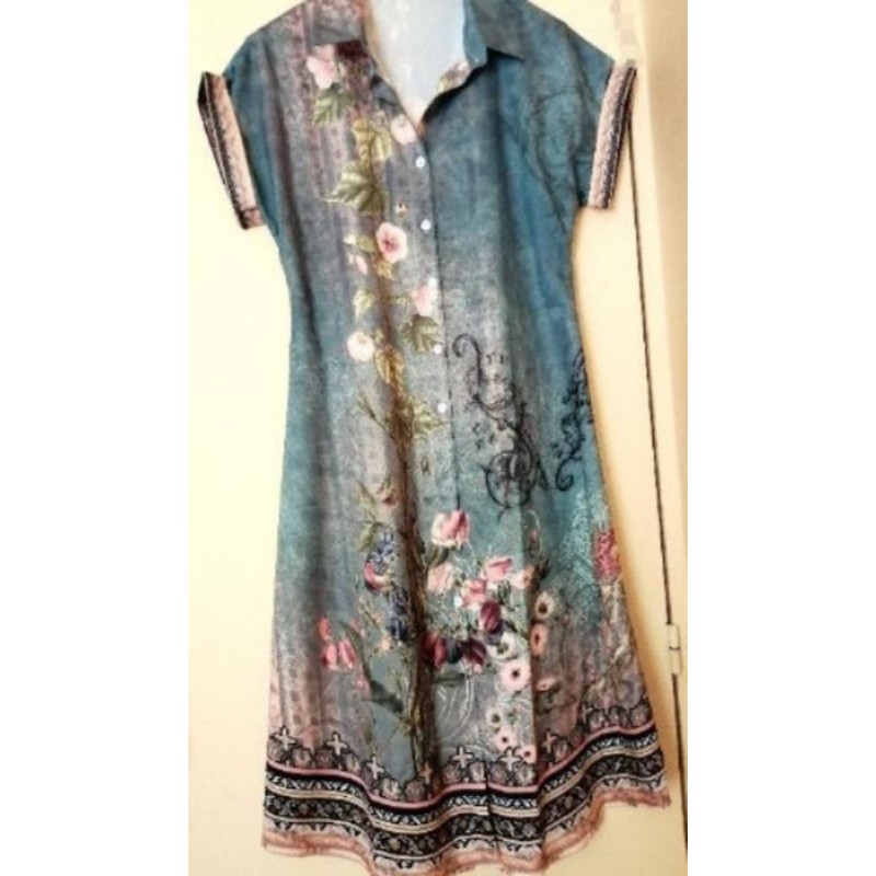 Robe Mi longue, T40, Fond Vert Clair imprimé fleuri, MC, Synthétique, NEUF