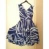 Robe Vintage T38/40, Fond Bleu impressions blanc, sans manche, jersey soyeux