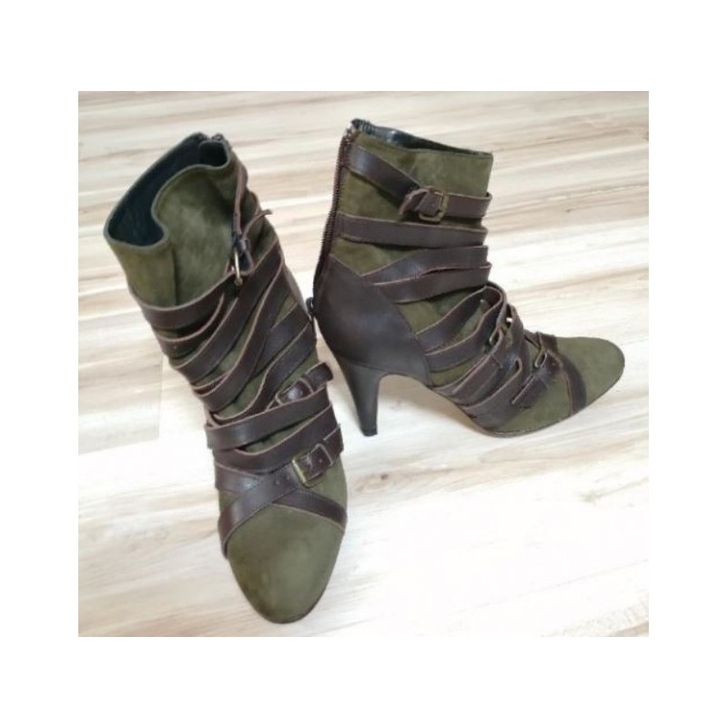 Bottines Kaki, T39, Daim Lanières cuir marron, Talon haut, NEUF