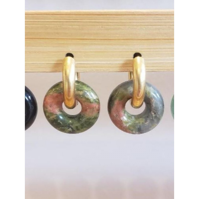 Boucles d’oreilles acier inox pierre unakite vert