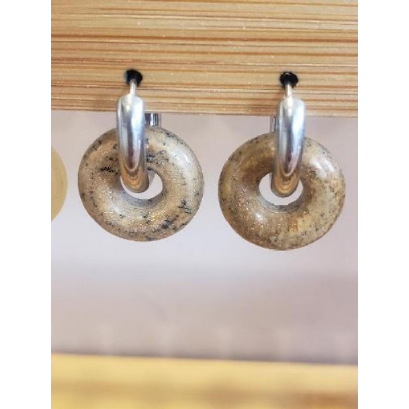 Boucles d’oreilles acier inox pierre beige tacheté 