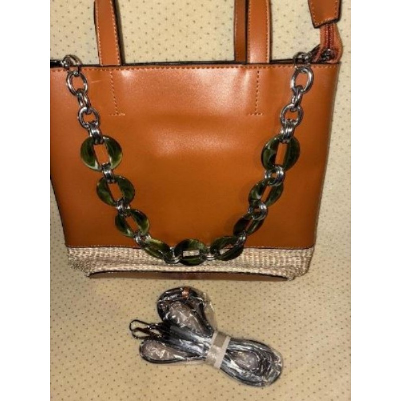 Sac à main marron poignée chaîne en plastique vert + sangle 