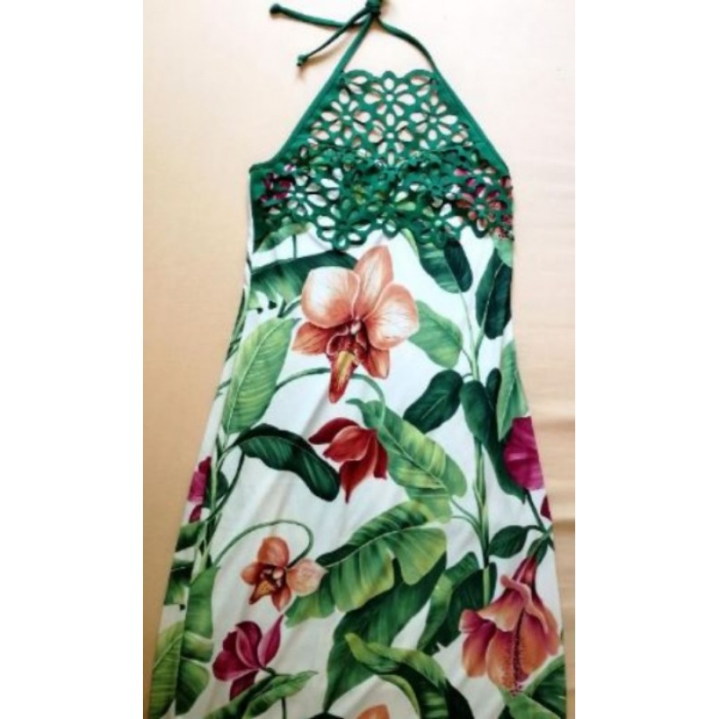 Robe Longue NEUF Dos nu T40 Haut Dentelle, Fond Blanc Orchidées