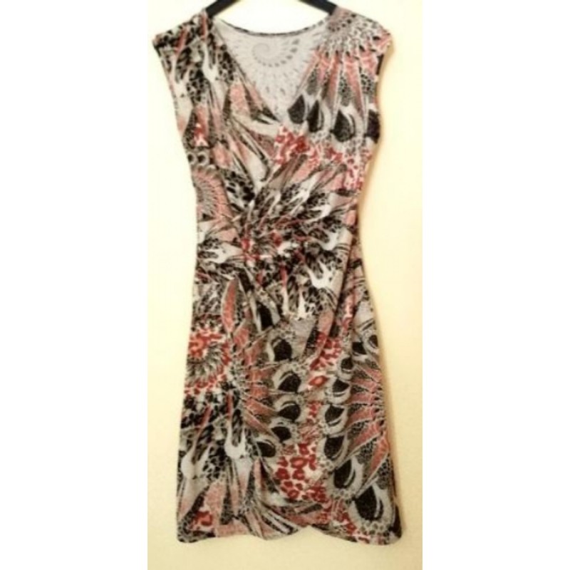 Robe Imprimée  Plumes KAKI/Orange MORGAN Dégrif T38/40 Sans manche Col V Drappé Jersey