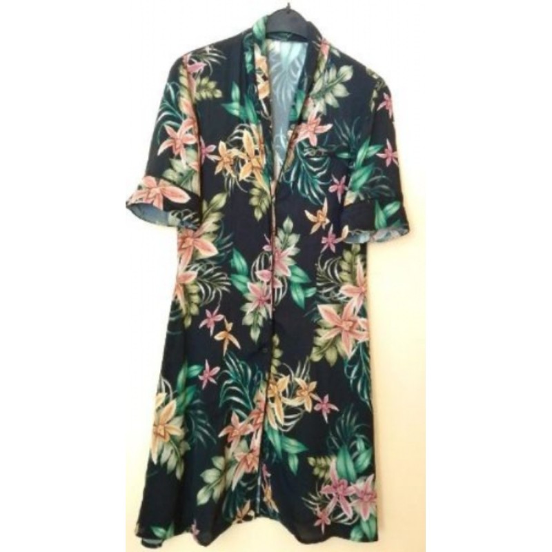 Robe Boutonnée Courte T40 Imprimé Fleurs Exotiques Fond Noir