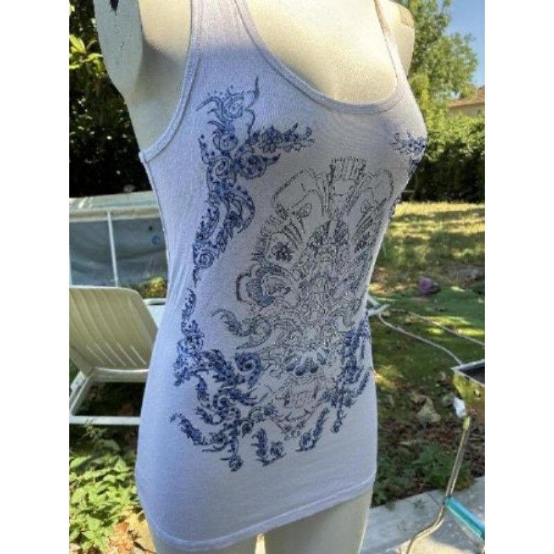 T shirt blanc et bleu à strass