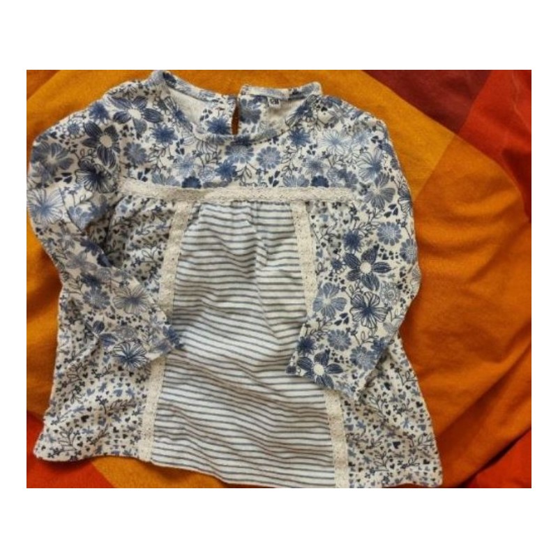 Tee-shirt manches longues 12M bleu fleurs