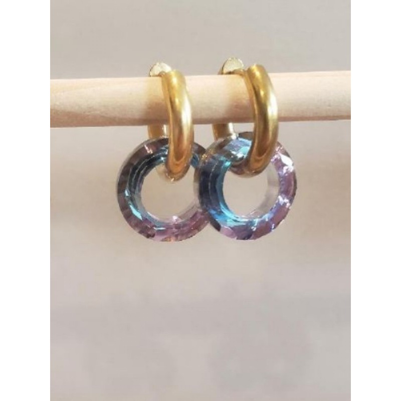 Boucles d’oreilles acier inoxydable doré verre irisé mauve 