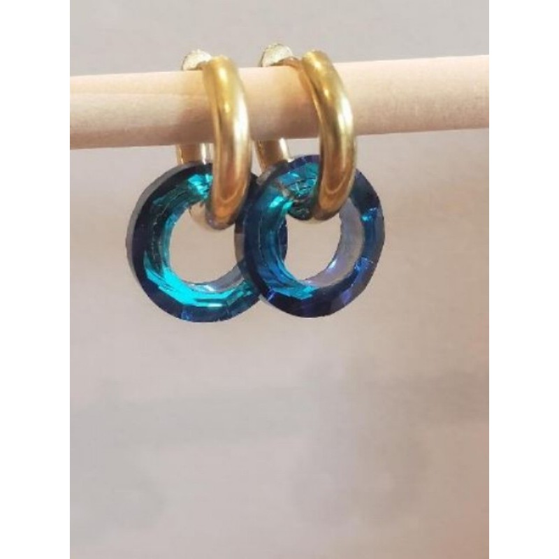 Boucles d’oreilles acier inoxydable doré verre irisé bleu