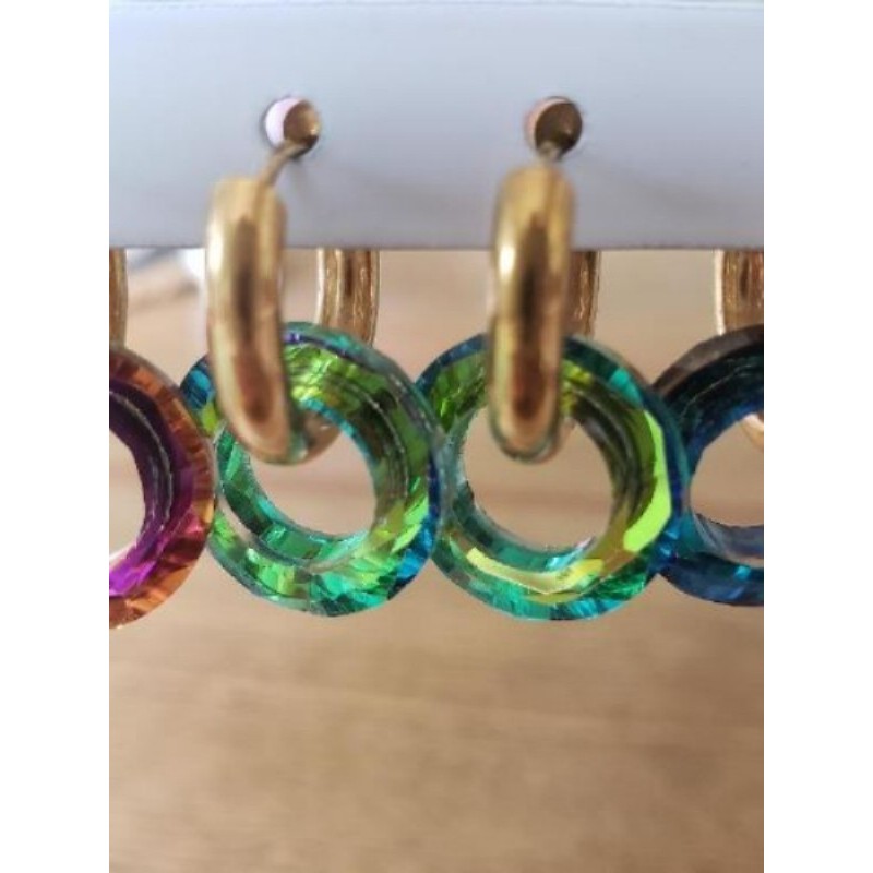 Boucles d’oreilles acier inoxydable doré verre irisé vert