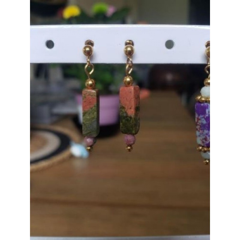 Boucles d’oreilles acier inoxydable unakite vert rose