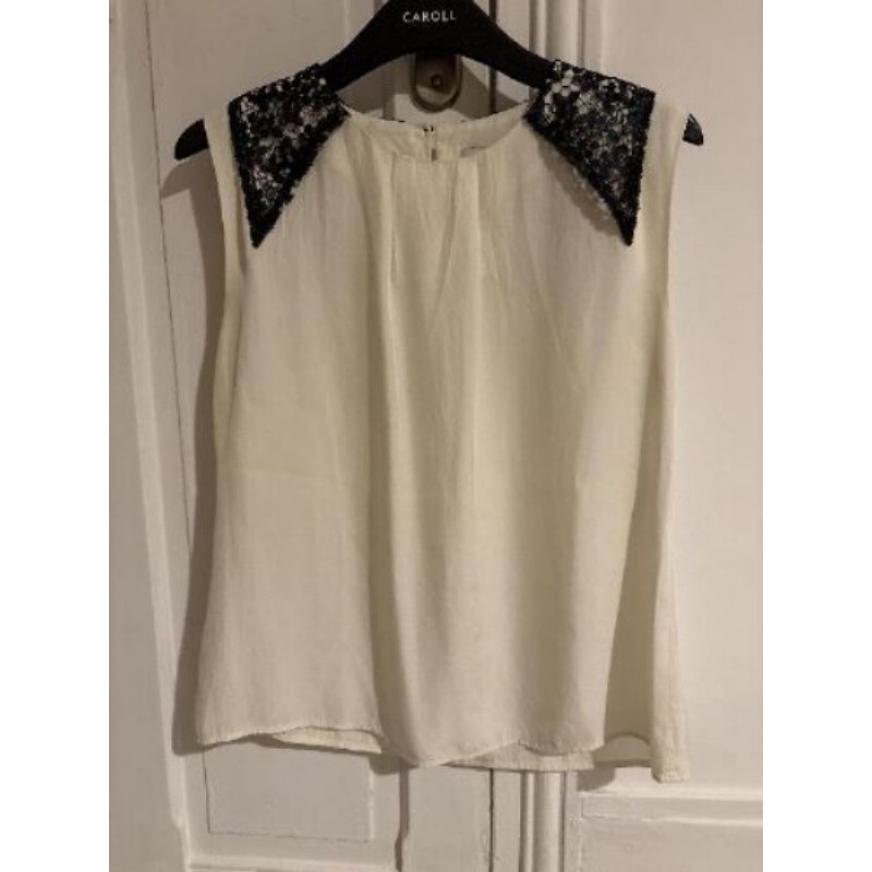 SANDRO - Débardeur Top sans manches blanc dentelle noire - Taille 1