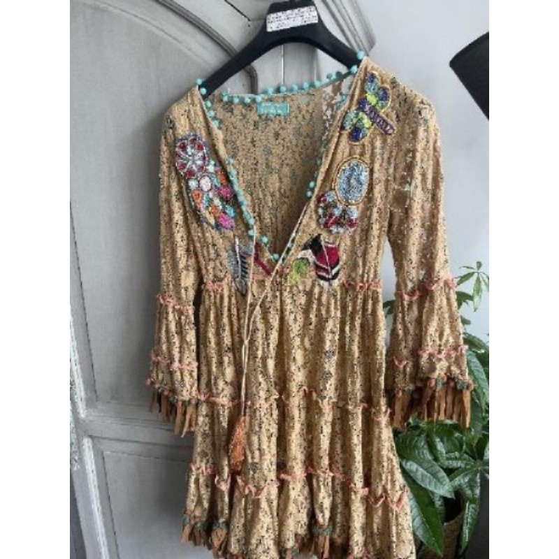 Robe été hippie marron à motifs indiens 