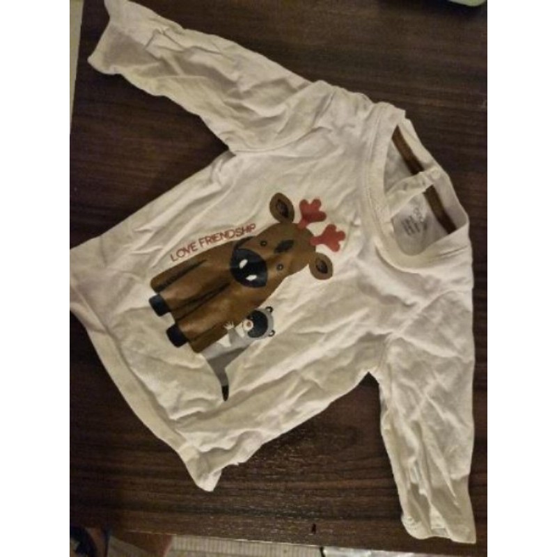 Tee shirt blanc manches longues renne et raton laveur - Obaibi - 3 mois 