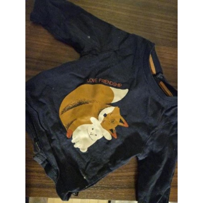 Tee shirt bleu foncé manches longues renard et lapin - Obaibi - 3 mois