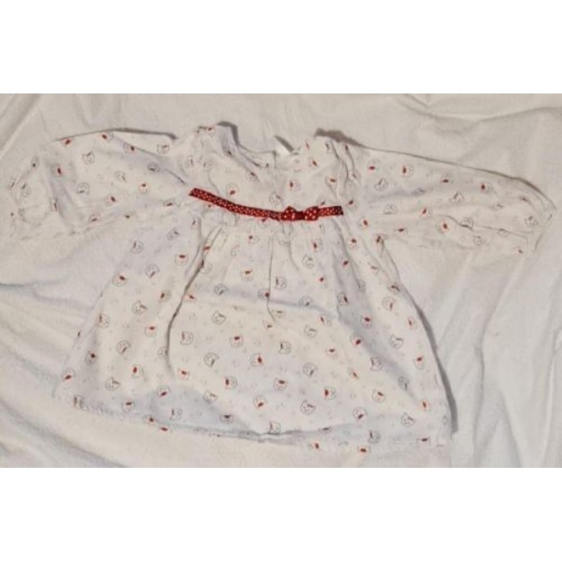 Robe blanche Orchestra avec motif chats, ceinture rouge à pois blanc, manches longues, 9 mois