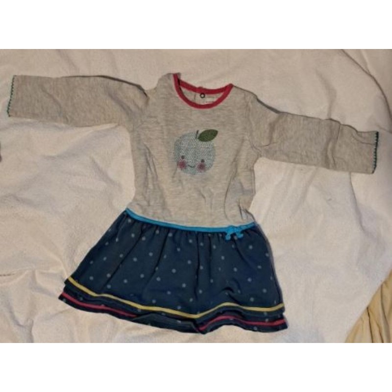 Robe avec haut gris et motif pomme, bas bleu foncé à pois bleu clair, marque Catimini, 18 mois