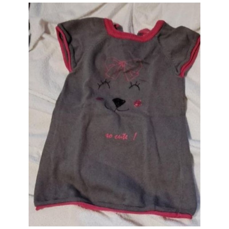 Robe grise en coton avec bords rose fushia et motif chat, marque Orchestra, 12 mois
