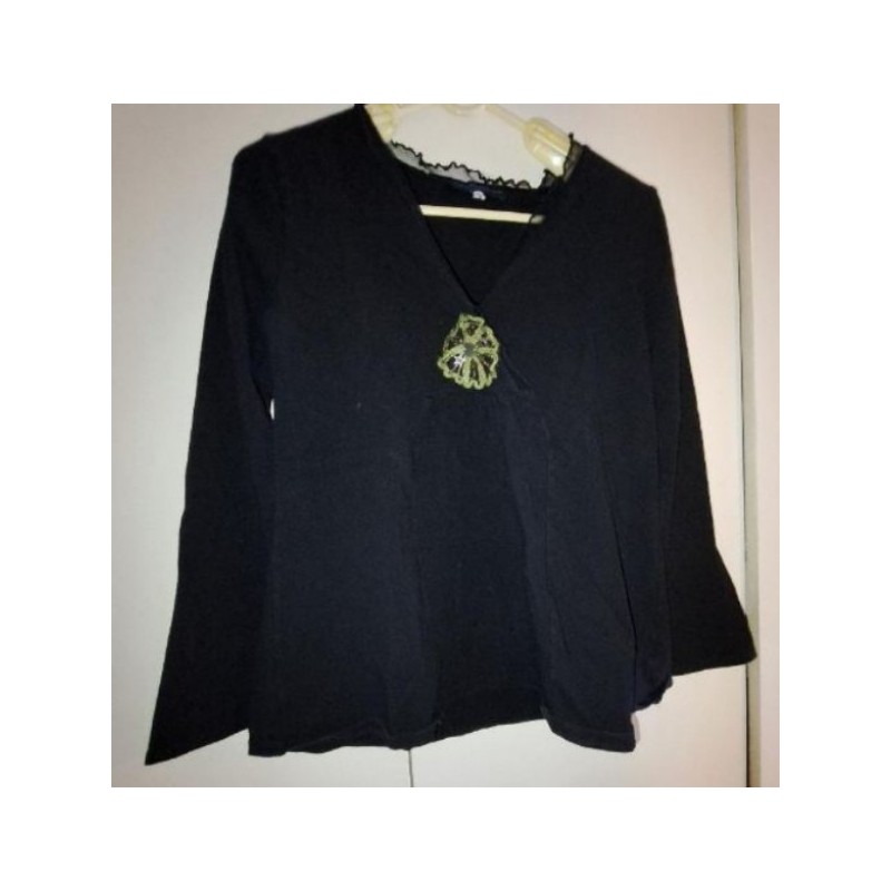 T-shirt manches longues noir avec fleur brodée, taille 42-44