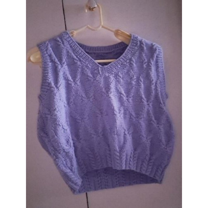 Débardeur court en laine mauve, tricoté mains, taille 40