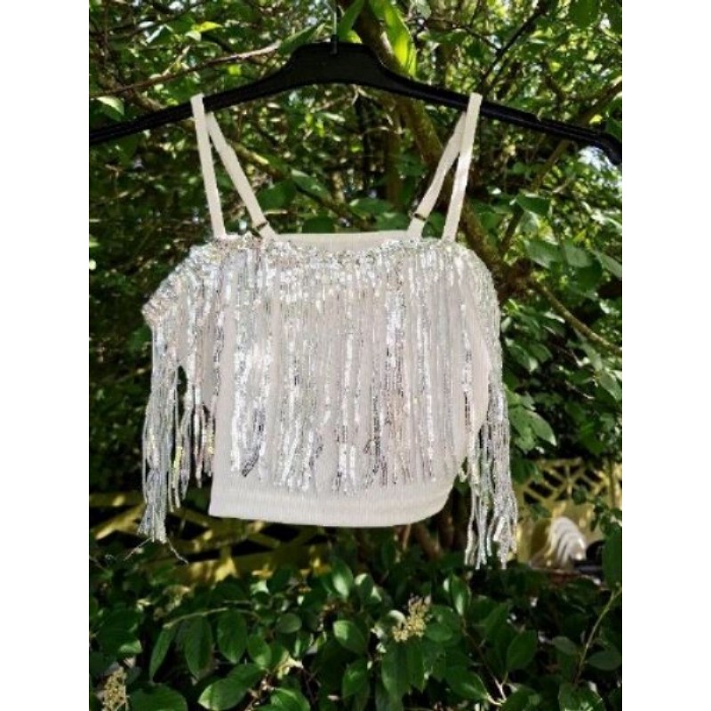 TOP BLANC SEQUINS ARGENT BRETELLES XS