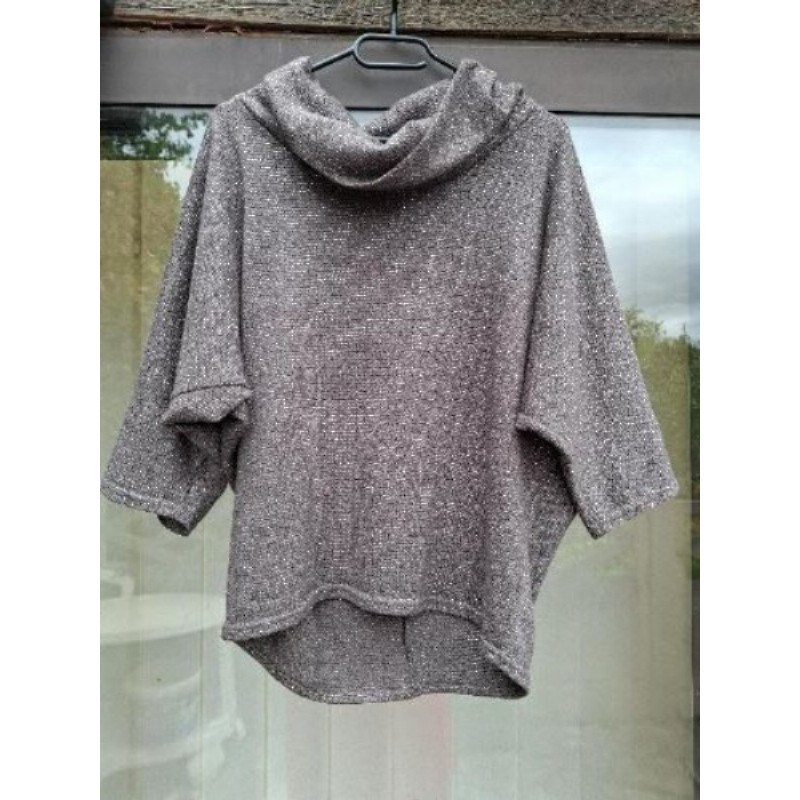 PULL COL BENITIER TAUPE ET PAILLETTES CACHE CACHE 