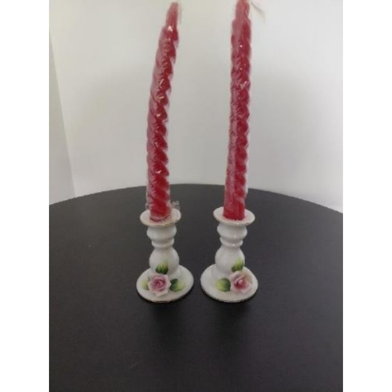 Ensemble 2 bougeoirs porcelaine + 2 bougies