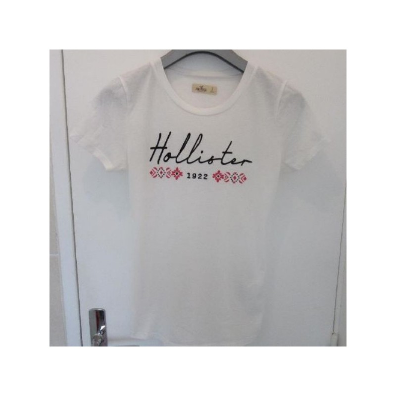 (4373) TEE SHIRT femme HOLLISTER T.S blanc motif brodé coton polyester