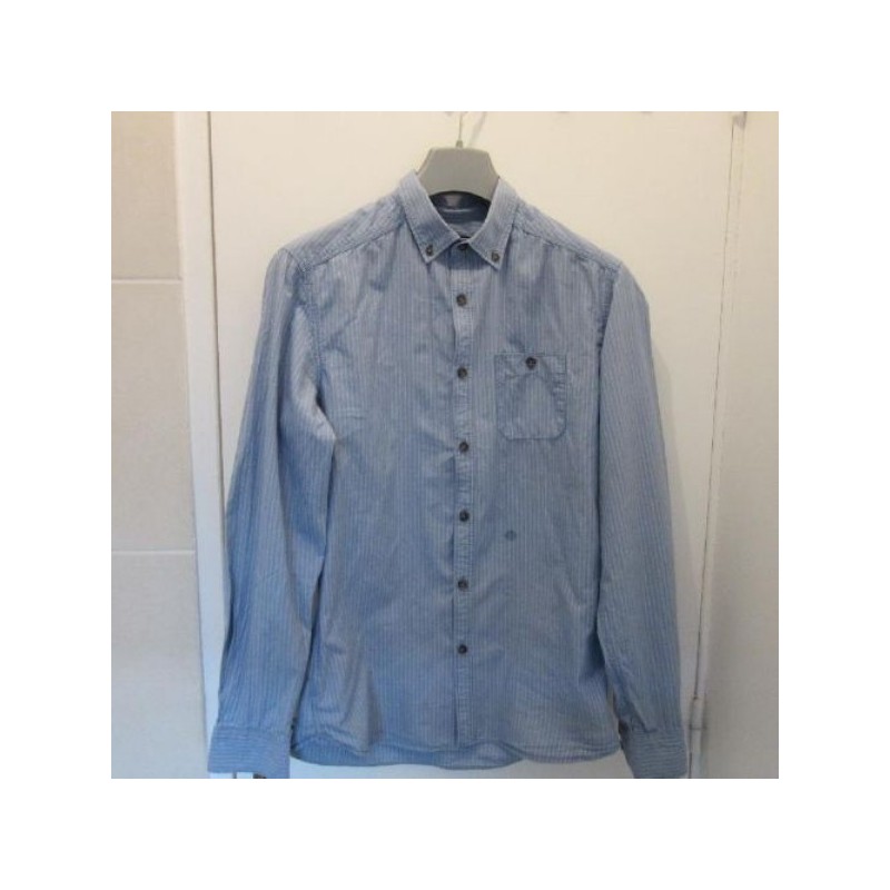 (4414) CHEMISE homme OWK T. S bleu rayé blanc coton