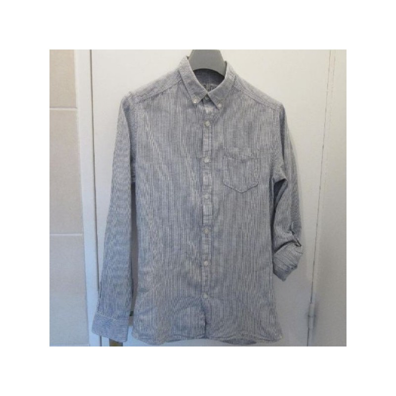 (4420) CHEMISE homme OWK T. S bleu rayé blanc lin coton patte boutonnage intérieur manche