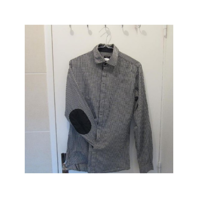 (4418) CHEMISE homme LA REDOUTE T.36 vichy noir blanc ajustée empiècement coudes