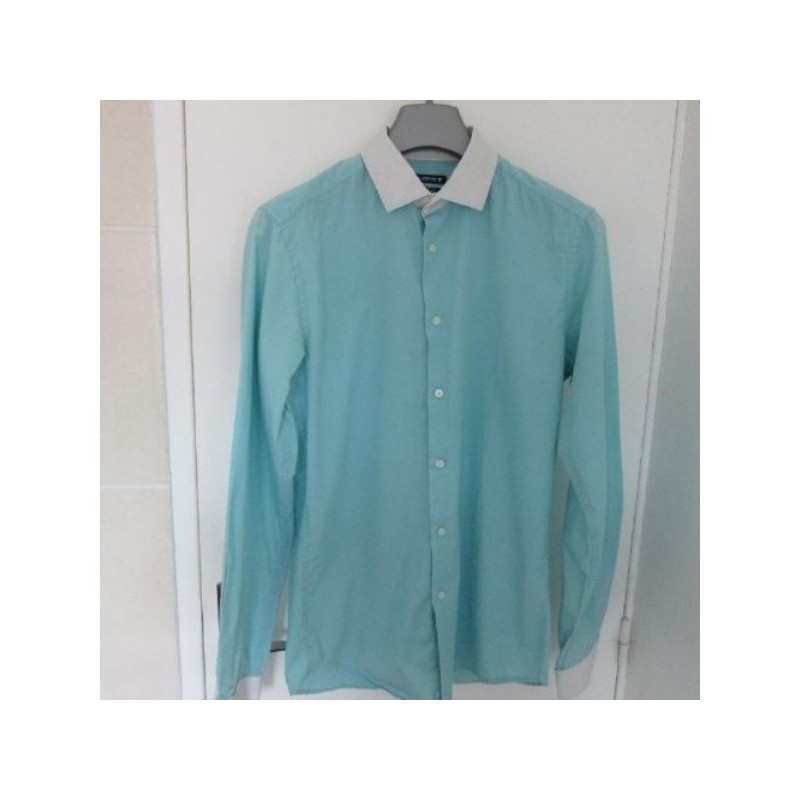 (4443) CHEMISE homme OWK T. 37 38 manches longues bleu col & bord manches blanc coton polyester