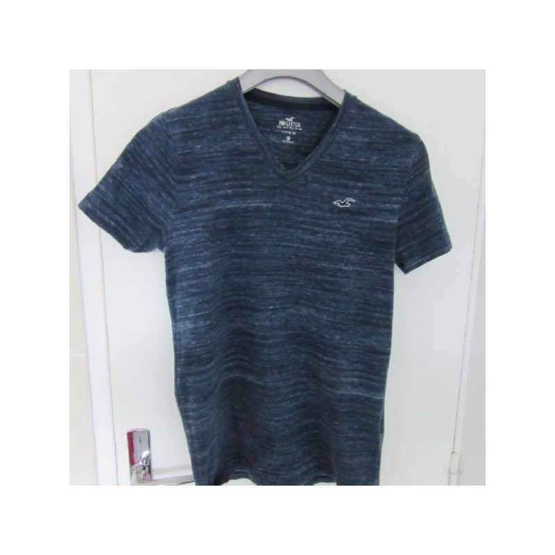 (4440) TEE SHIRT femme HOLLISTER T. M bleu chiné col V coton