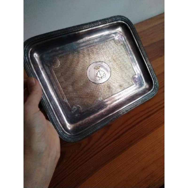 Petit plateau / vide-poche Christofle métal argenté gravé avec blason / armoiries vintage 20x25 cm