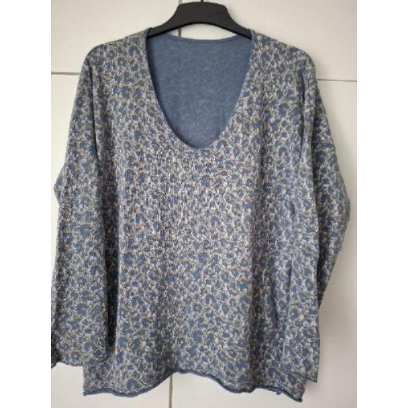 Pull bleu neuf made italie avec impression motifs dorés taille 48