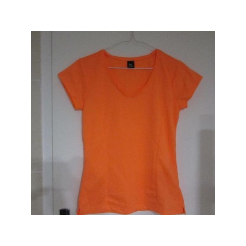 TEE-SHIRT femme T. S sport orange fluo col V polyester