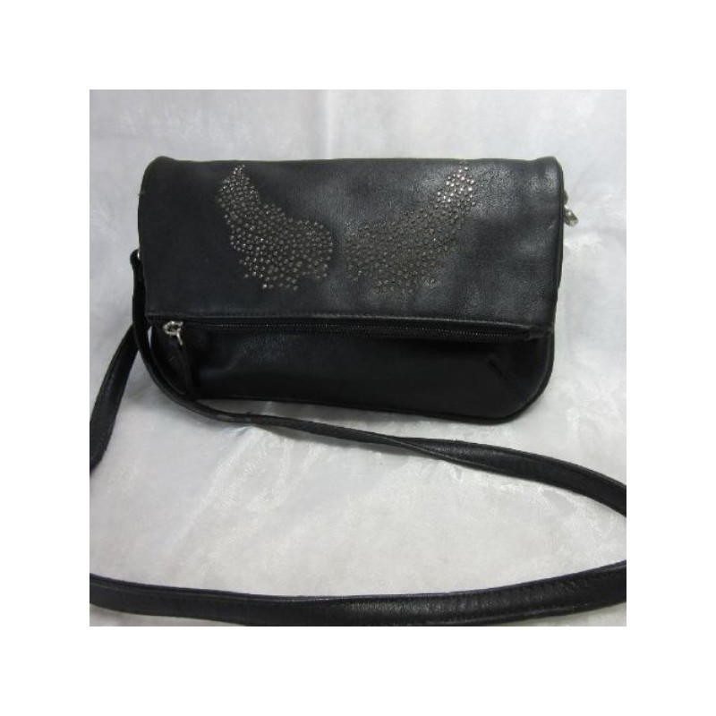 SAC A MAIN noir rabat bandoulière motif brillant ailes 25x17