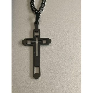 chaine et pendentif croix chrétienne relief  noir ajouré acier inoxydable neuf jamais porté