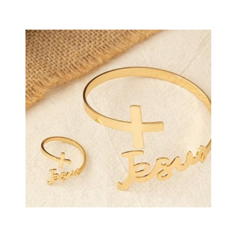 1 PIECE / 1 BRACELET ajustable style manchette croix chrétienne/JESUS ACIER INOXYDABLE PLAQUE OR NEU