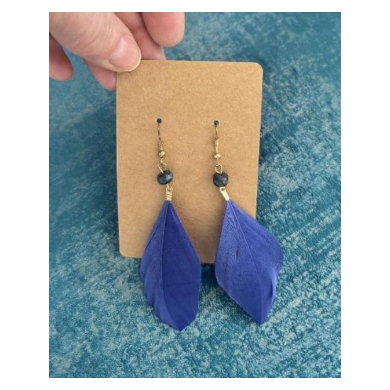 Boucle oreille plume bleue 