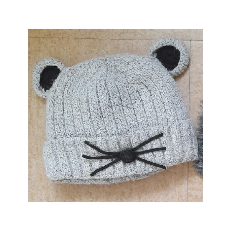 bonnet laine gris chiné "oreilles /nez/moustache " doublé fourrure  Taille unique
