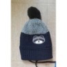 bonnet laine gris / bleu foncé doublé - pompom + cordon "raton laveur" Taille 9-11 ans