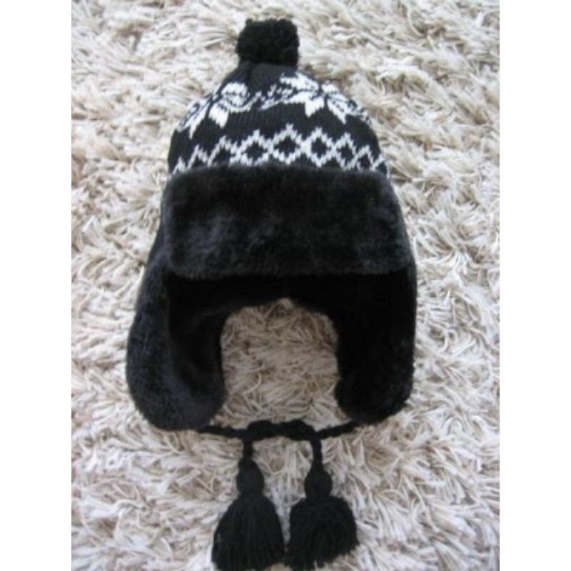 bonnet chapka laine jacquards noir / blanc doublée fourrure - Taille 5-10 ans